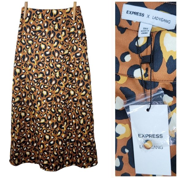 NEW Express Midi Skirt size XXS Cheetah Leopard Print Satin Slit Long Sexy - Picture 1 of 10